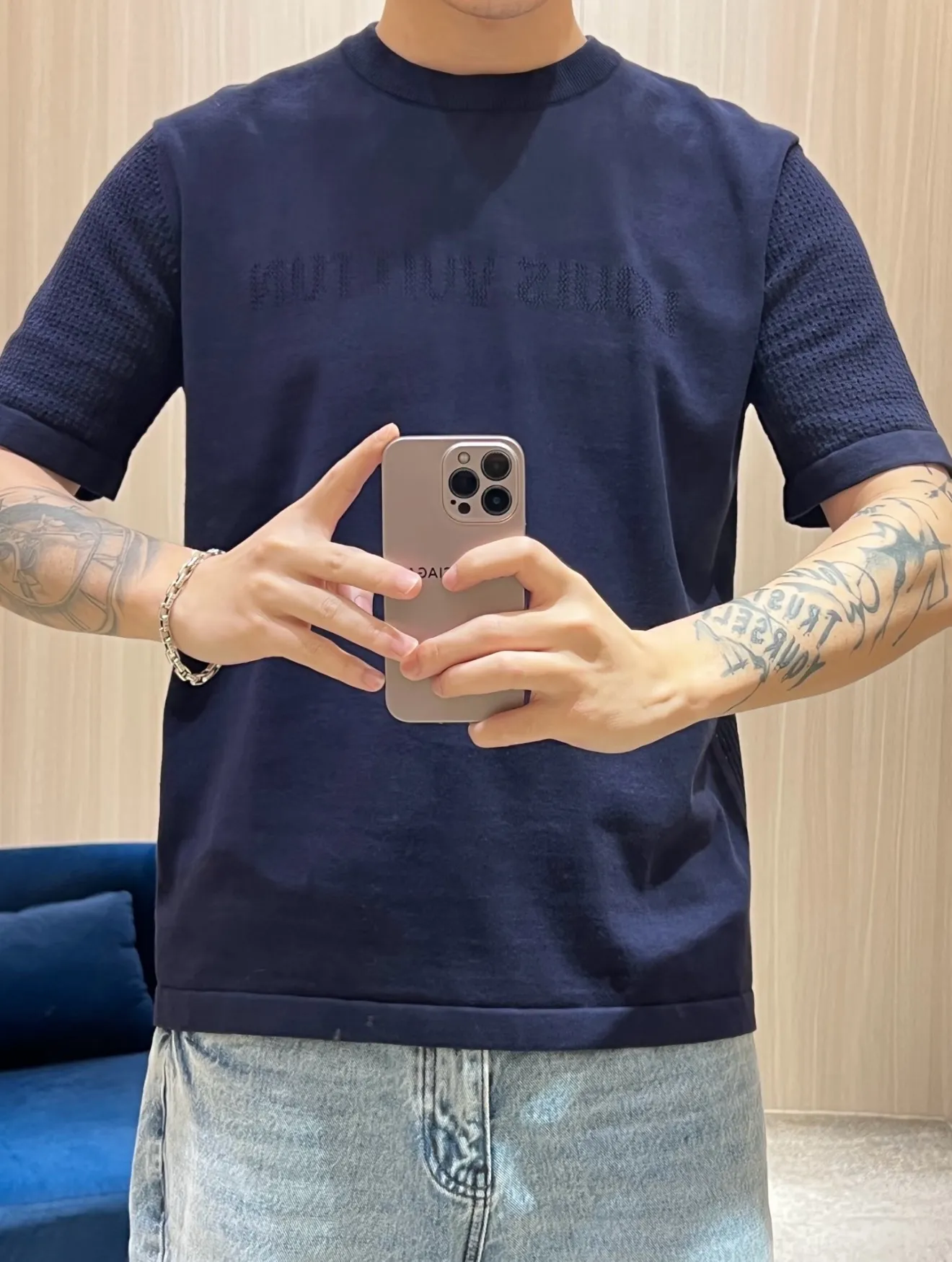 Louis Vuitton/Louis Vuitton 26ss hollow letter jacquard knitted short sleeves